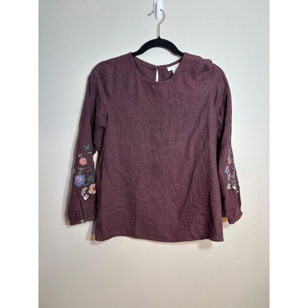 J. Jill Womens XS Petite Burgundy Linen Blend Floral Embroidered Sleeve Blouse